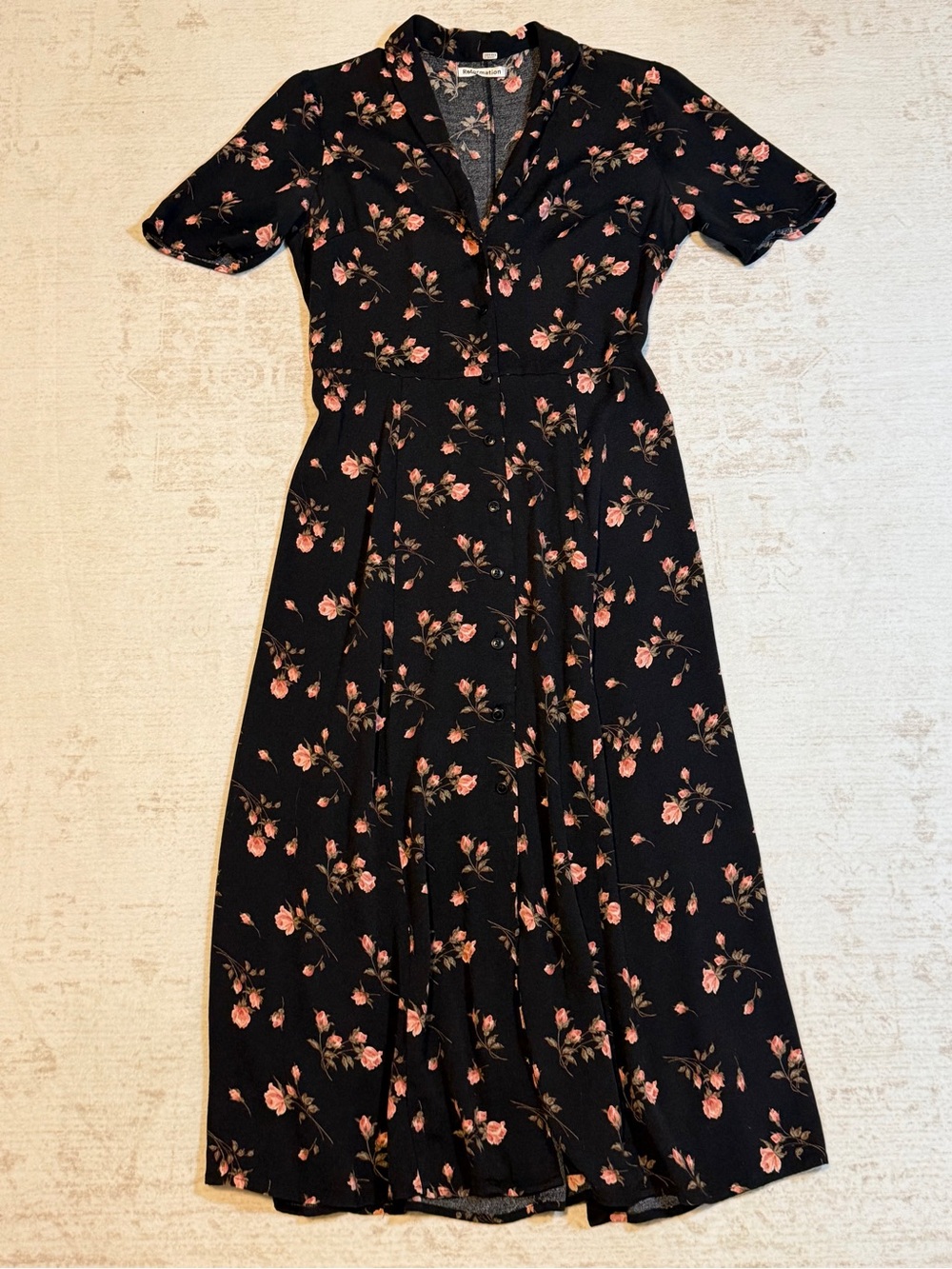 Reformation Black Midi Dress with Pink Floral Print